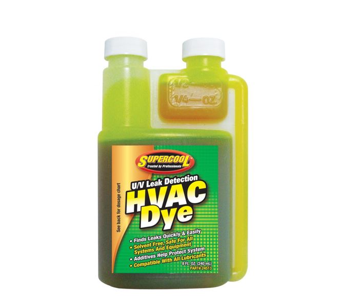 SUPERCOOL HVAC UV DYE CONCENTRATE 8OZ SELF MEASURE BOTTLE