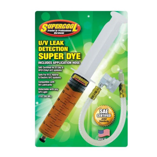SUPERCOOL UV DYE YELLOW 2OZ SYRINGE + INSTALLATION HOSE IN CLAMSHELL (TREATS 8 VEHICLES)